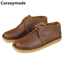 Careaymade-100% Genuine leather Men's Desert Boots Walker Shoes Retro Reversed Cowhide Casual Shoes with Raw Rubber Soles big