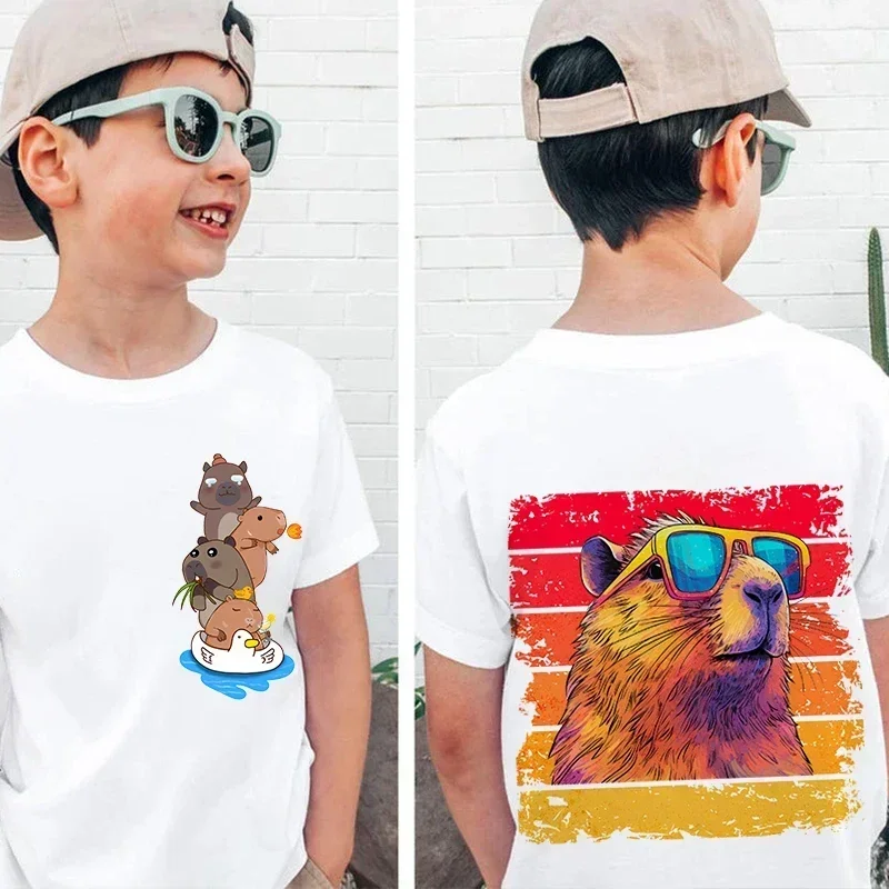 الصيف لطيف كابيبارا طباعة ملابس الأطفال الاطفال القطن تي شيرت أبيض قصير الأكمام الكرتون رداء علوي غير رسمي للبنين طفل المحملة