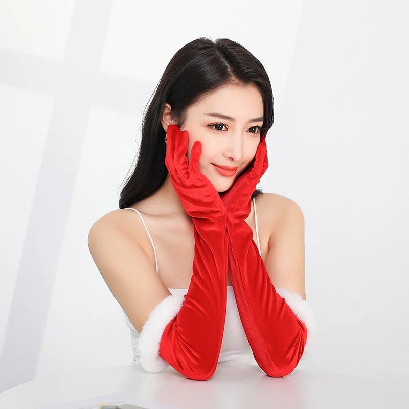 55CM Opera Performance White Plush Long Red Gold Velvet Gloves Christmas Makeup Party Elastic Wedding Dress Photo Accessories
