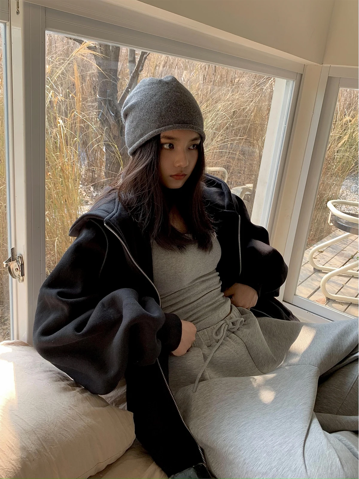 

Толстовка с капюшоном большого размера в стиле ретро, женский свободный кардиган на молнии, длинное свековое корейское зимнее пальто для поездок на работу