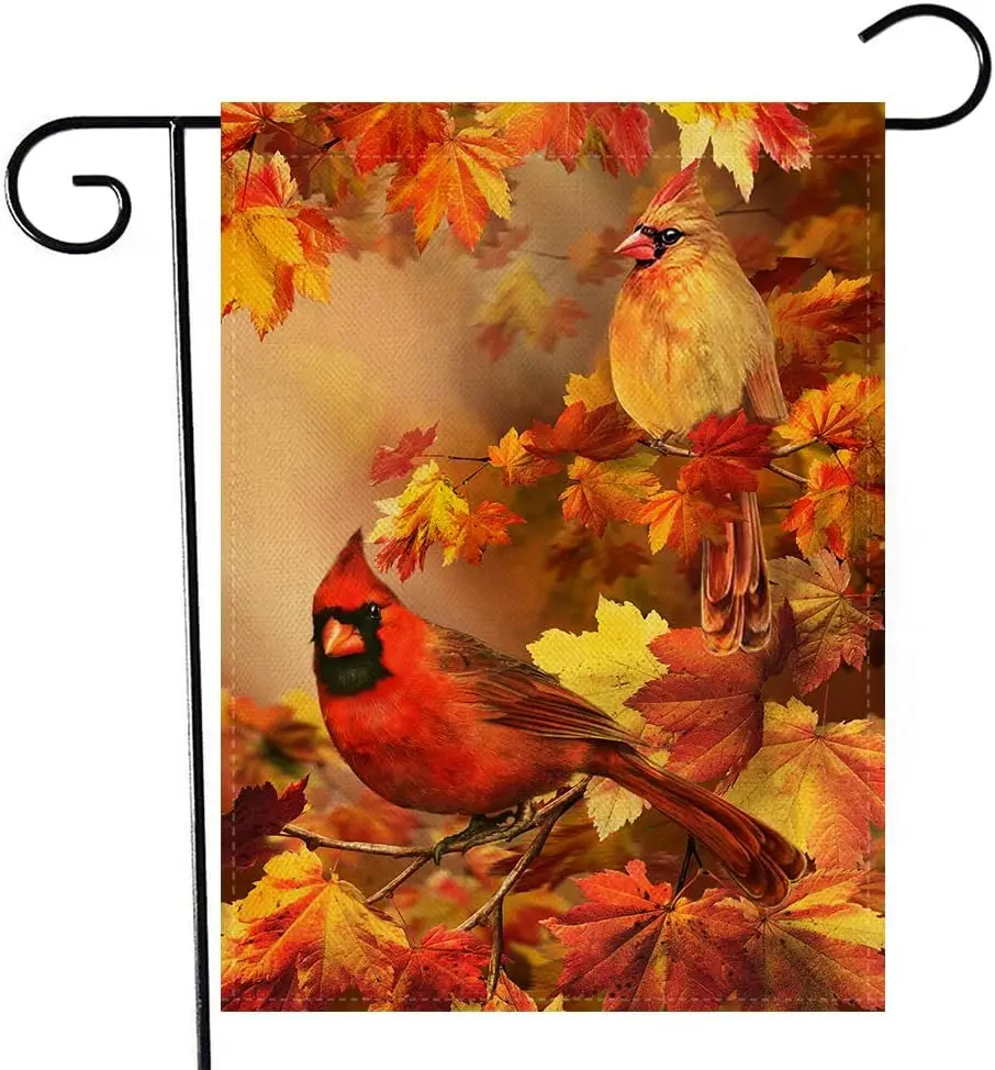 Artofy Fall Cardinal Small Decorative Garden Flag, Autumn Red Bird Maple Leaves Yard Lawn Outside Decor, Outdoor  Sided 12 x 18