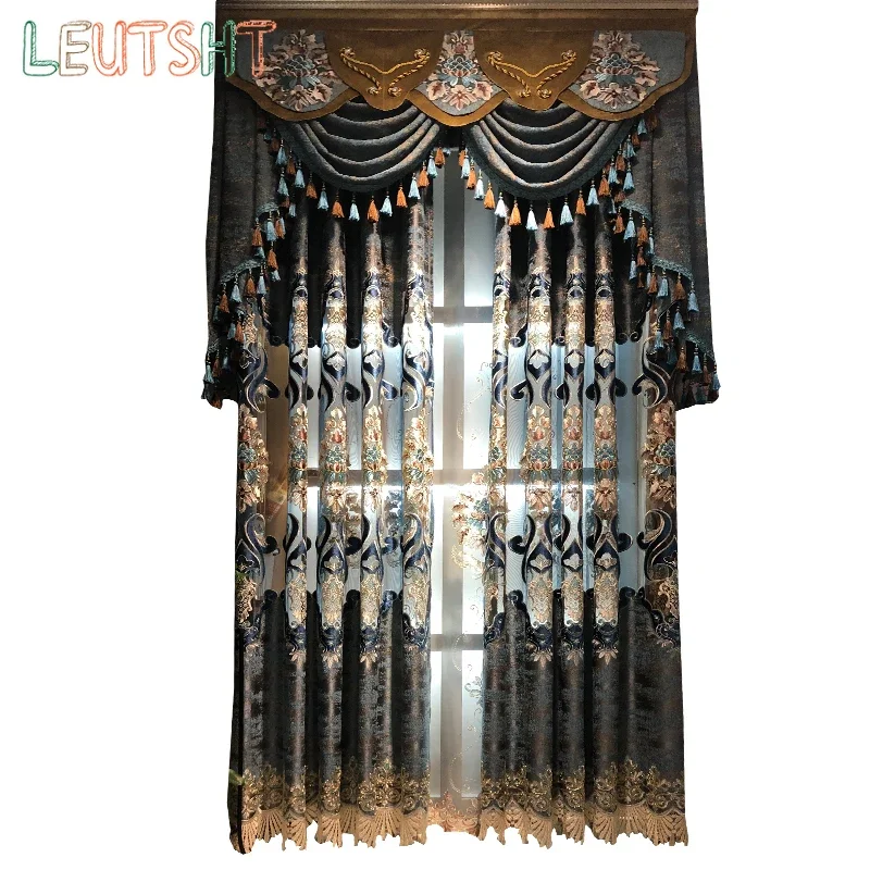 European Luxury Curtains for Living Room Bedroom Villa Window Drapes Jacquard Blinds Fabric Blackout Valance Embroider Tulle