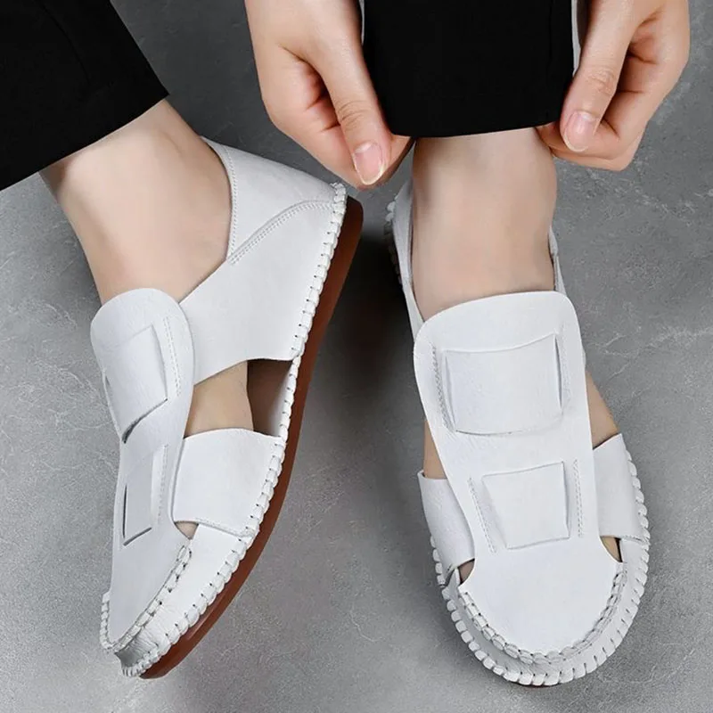 

Summer Designer New Men's Gladiators Black White Silp On Pu Leather Casual Shoes Male Breathable Beach Sandals Outdoor Slippers