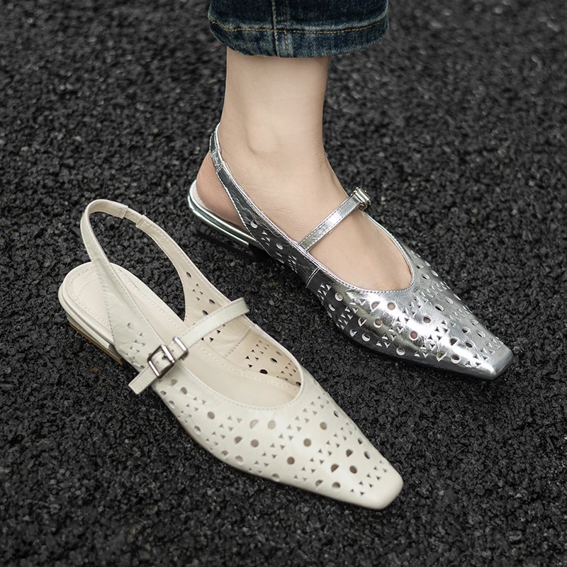 2026 new summer women sandals natural leather 22-25cm cowhide+sheepskin square toe buckle hollow-out back-strap women shoes