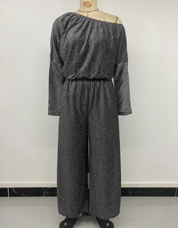 Women Fashion Long Jumpsuits New Retro Party Sexy Socialite Style Long Sleeve Silver Silk Single Shoulder Off Shoulder Jumpsuit
