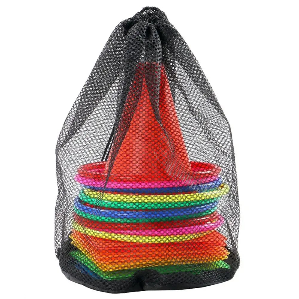 プラスチック製アイスクリームコーンフープ 6コーン+10フープ 収納メッシュバッグ付き スポーツ投げおもちゃ バスケットボール サッカー トレーニング カラーランダム