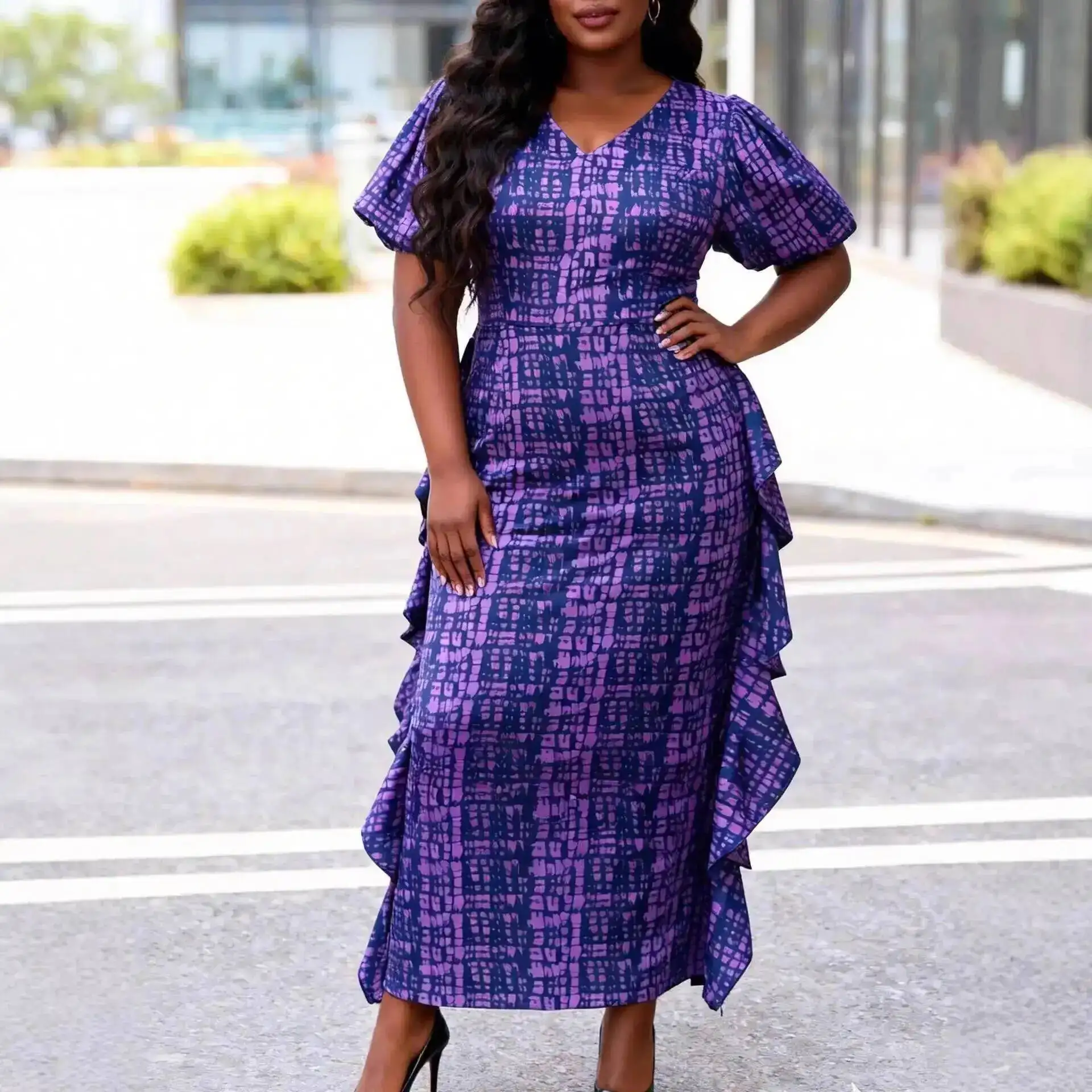 

Plus-size Women's V-neck Digital Print Puff Sleeve Bodycon Dress, Figure-flattering Long Dress With Side Ruffles Casual Y2K