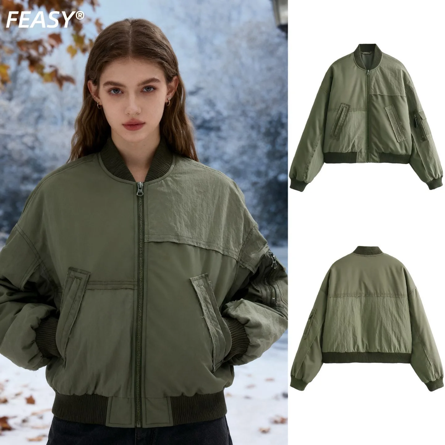 

Женская модная летная хлопковая куртка с воротником-стойкой, осенняя верхняя одежда на молнии в стиле пэчворк с карманами, свободное теплое пальто с длинными рукавами