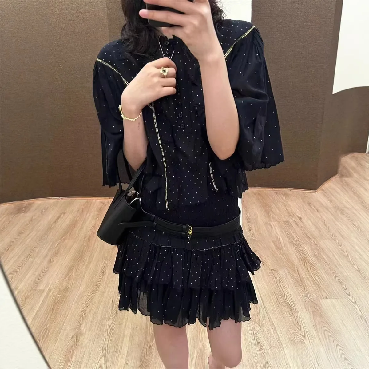 

Spring Summer 2026 Polka Dot Embroidered Hem Cowl Neck Elastic Waist High Waist Skirt Set Women's Fashion Ensemble Cotton Shirt