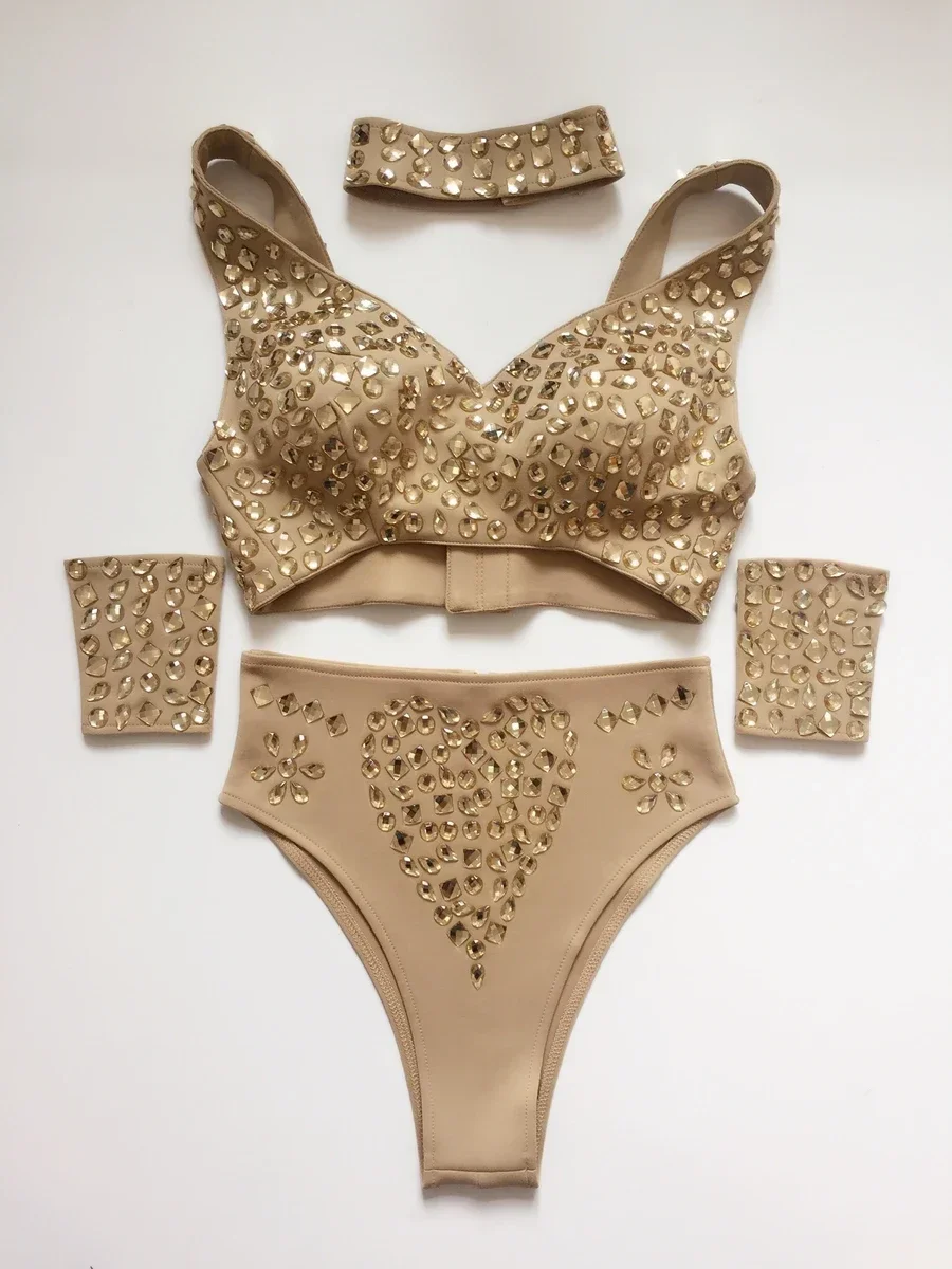 Sparkly Rhinestones DJ Bikini Outfit Sexy Pole Dance Bra Shorts Set for Bar Dancer Nightclub Party Show Performance Costume