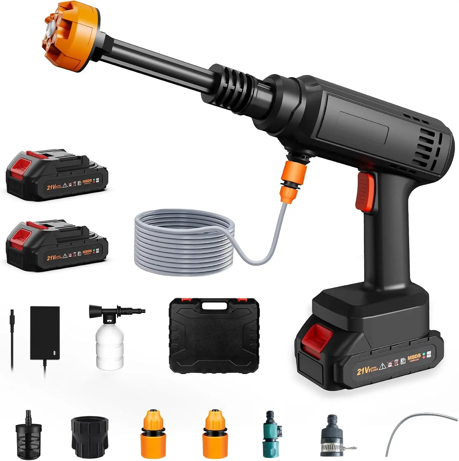 

Аккумуляторная мойка высокого давления 580PSI, 2 × 7500 мАч, насадка 6-в-1, шланг 6 м, 3 источники воды, запорный клапан, портативный для автомобиля, сада, дома