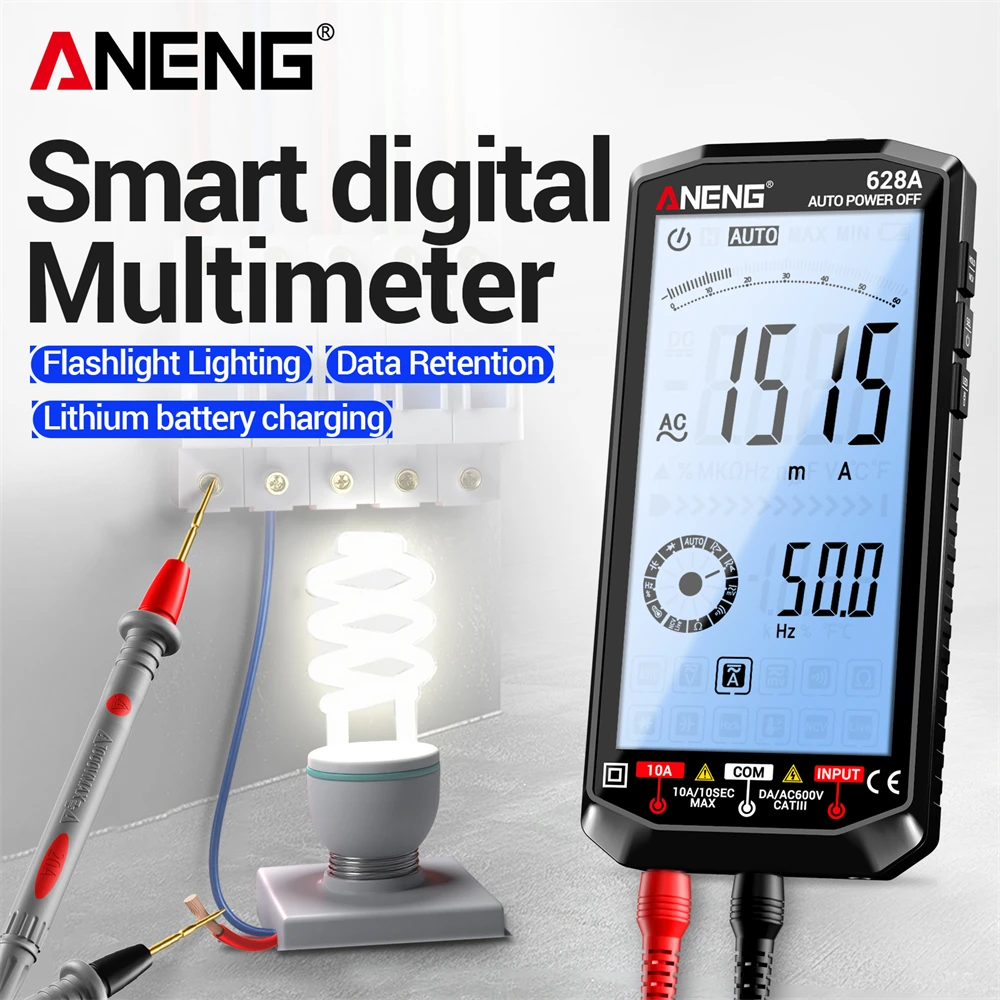 

Цифровой мультиметр ANENG 628A, измерение напряжения AC/DC до 750В, амперметр, 6000 измерений, бесконтактное измерение с индукцией, тестер сопротивления, емкости, частоты, температуры.