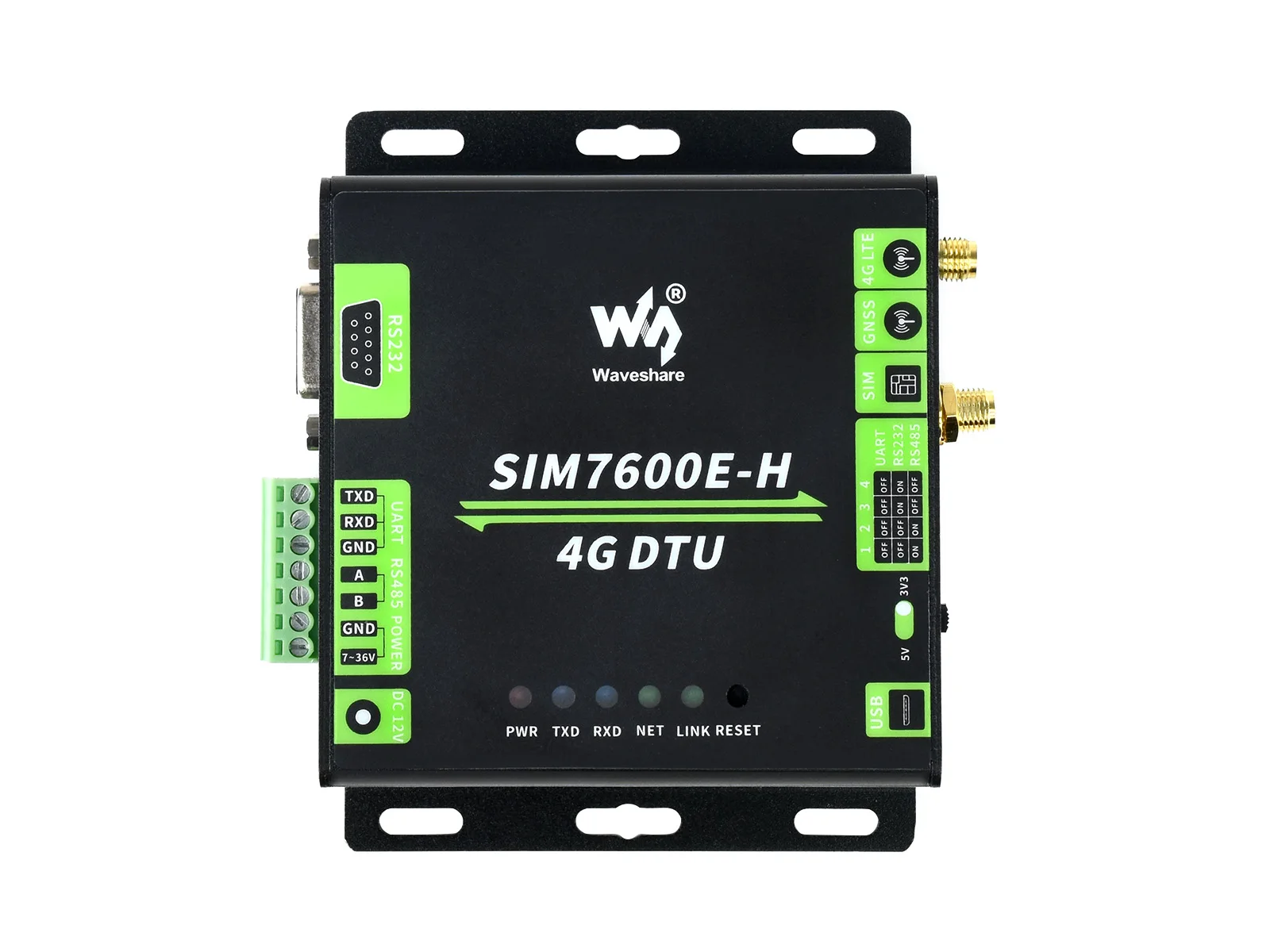 Waveshare Industrial Grade SIM7600E-H 4G DTU, RS232/485/TTL to 4G LTE, GNSS