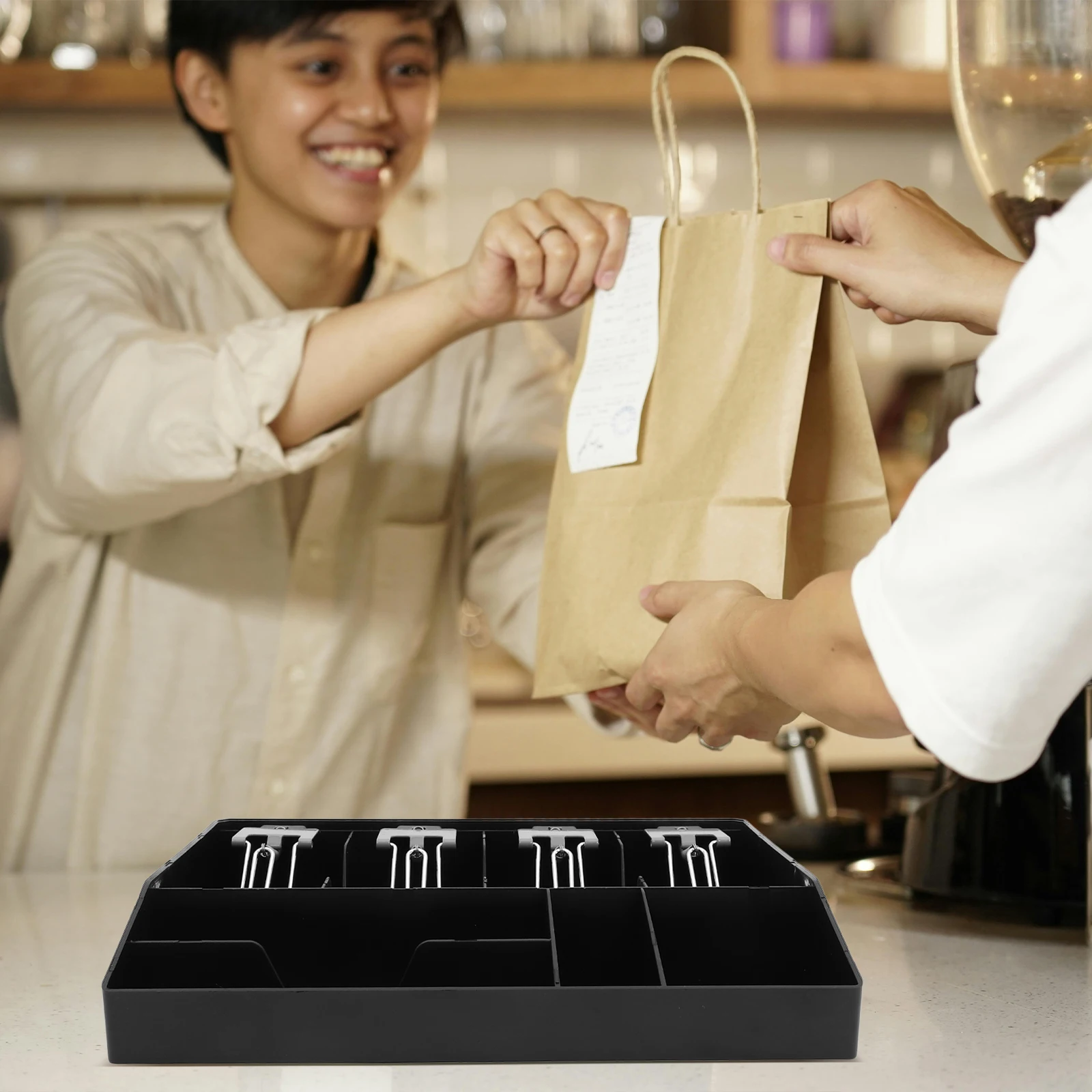 Multi-Grid Cashier 3 Bill 3 Coin Compartments Multiple Compartment Storage Tray Money Organizer Cash Drawer Tray Storage Stand