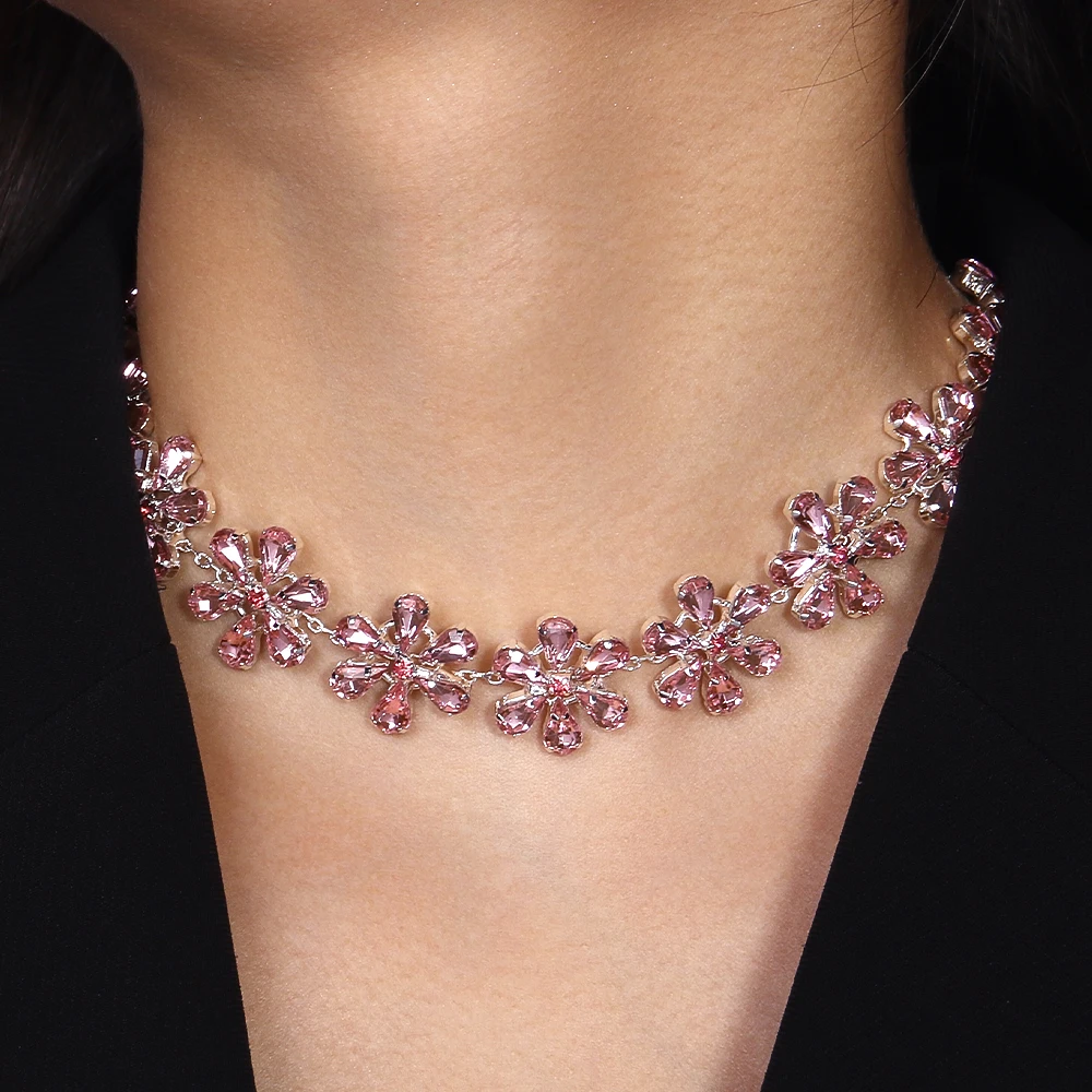 Stonefans Pink Crystal Flowers Choker Necklace Statement Accessories Fashion Women Rhinestone Collar Necklace Clavicle Jewelry