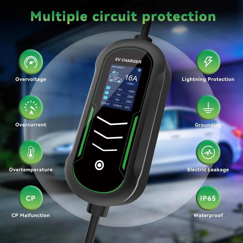 IPENGEN 11KW Ładowarka EV Typu 2 Przenośna z Kablem 5M, Regulowany Prąd 8-16A, 16A 3-fazowa, Ładowanie Opóźnione, Skrzynka Ładująca EVSE, IEC 62196-2 — zdjęcie produktu 2