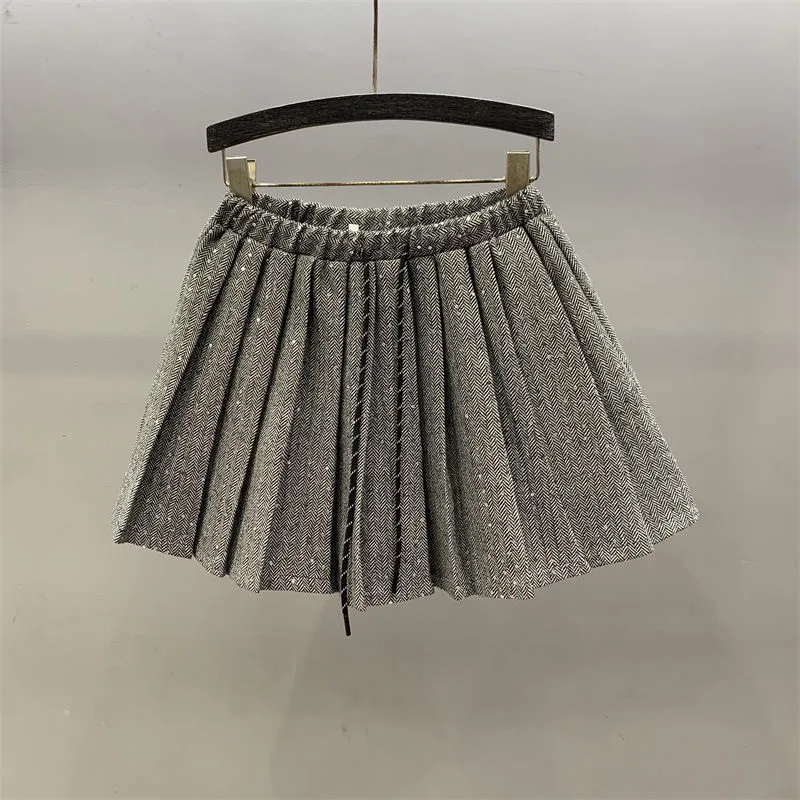 

Плиссированная юбка с блестящими пайетками для девочек, новая модная детская короткая юбка А-силуэта на весну и лето с эластичной талией на шнурке