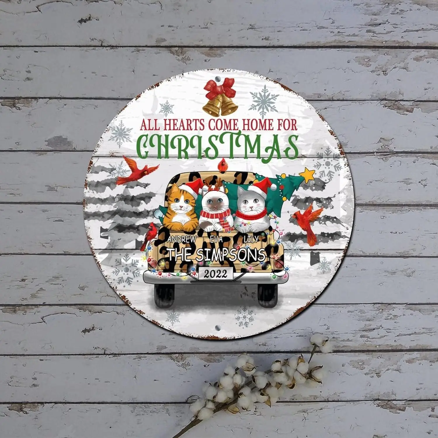 Merry Christmas Door Sign All Hearts Come Home Custom Family And Cat Name Truck Round Metal Tin Sign Christmas Door Decorations