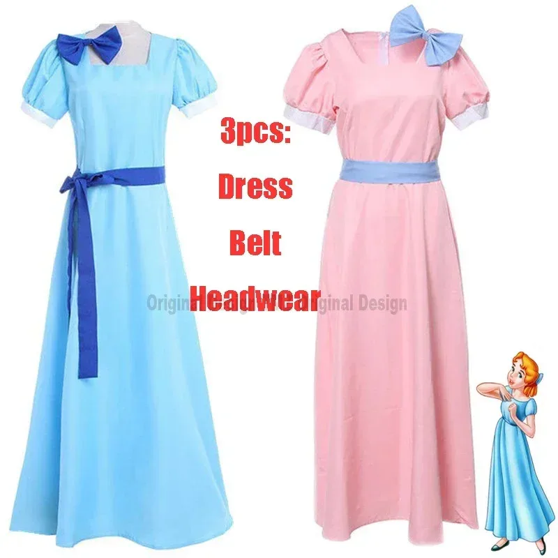 Peter Pan Wendy Cosplay Costume Women Blue Long Dress Half Sleeve Party Princess Dress Adult Halloween Dress with Belt Bowkno72b