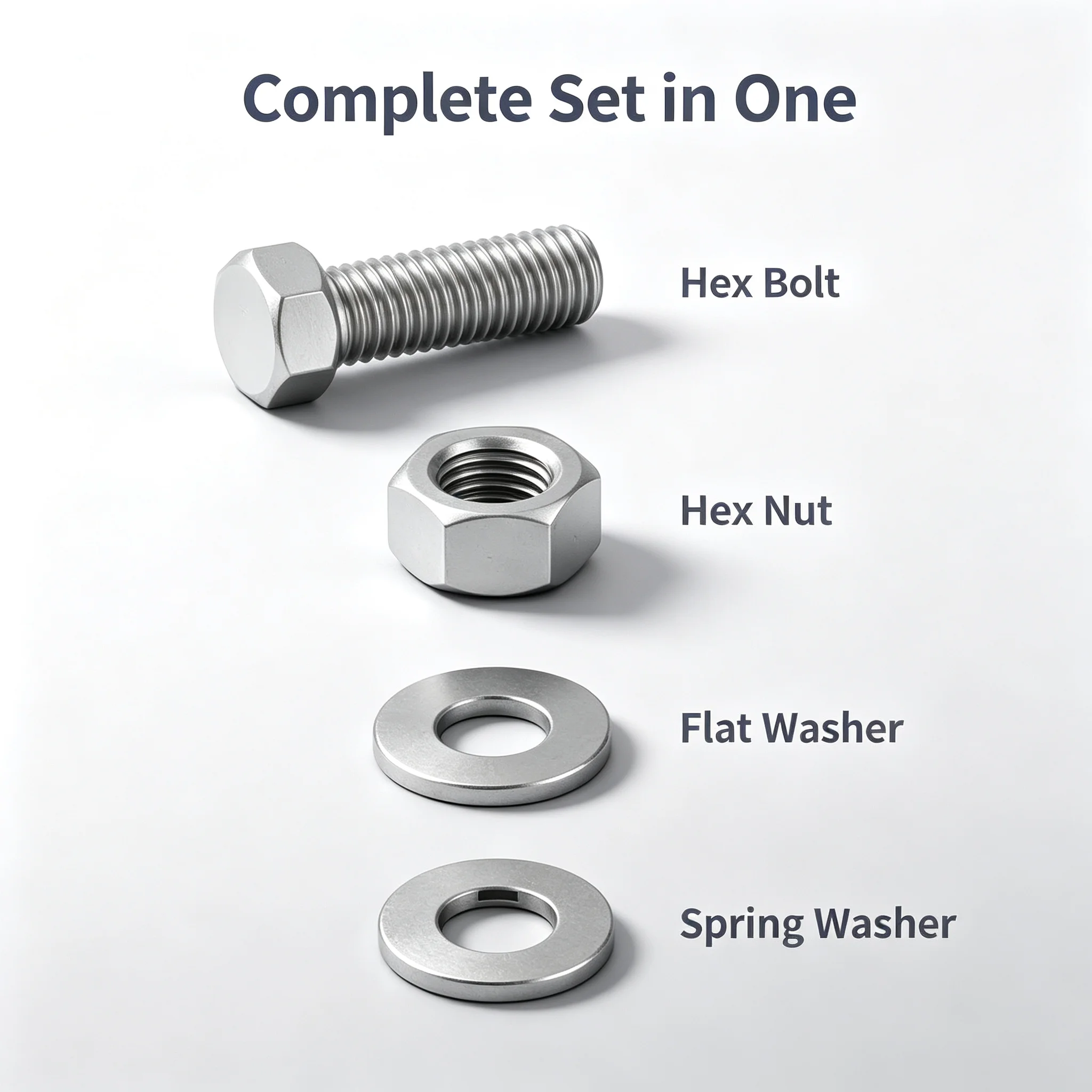304 Stainless Steel Hex Head Bolt Set DIN933 Full Thread Hex Screw With Nut Flat Spring Washer, M8 M10 M12 M14 Multiple Length