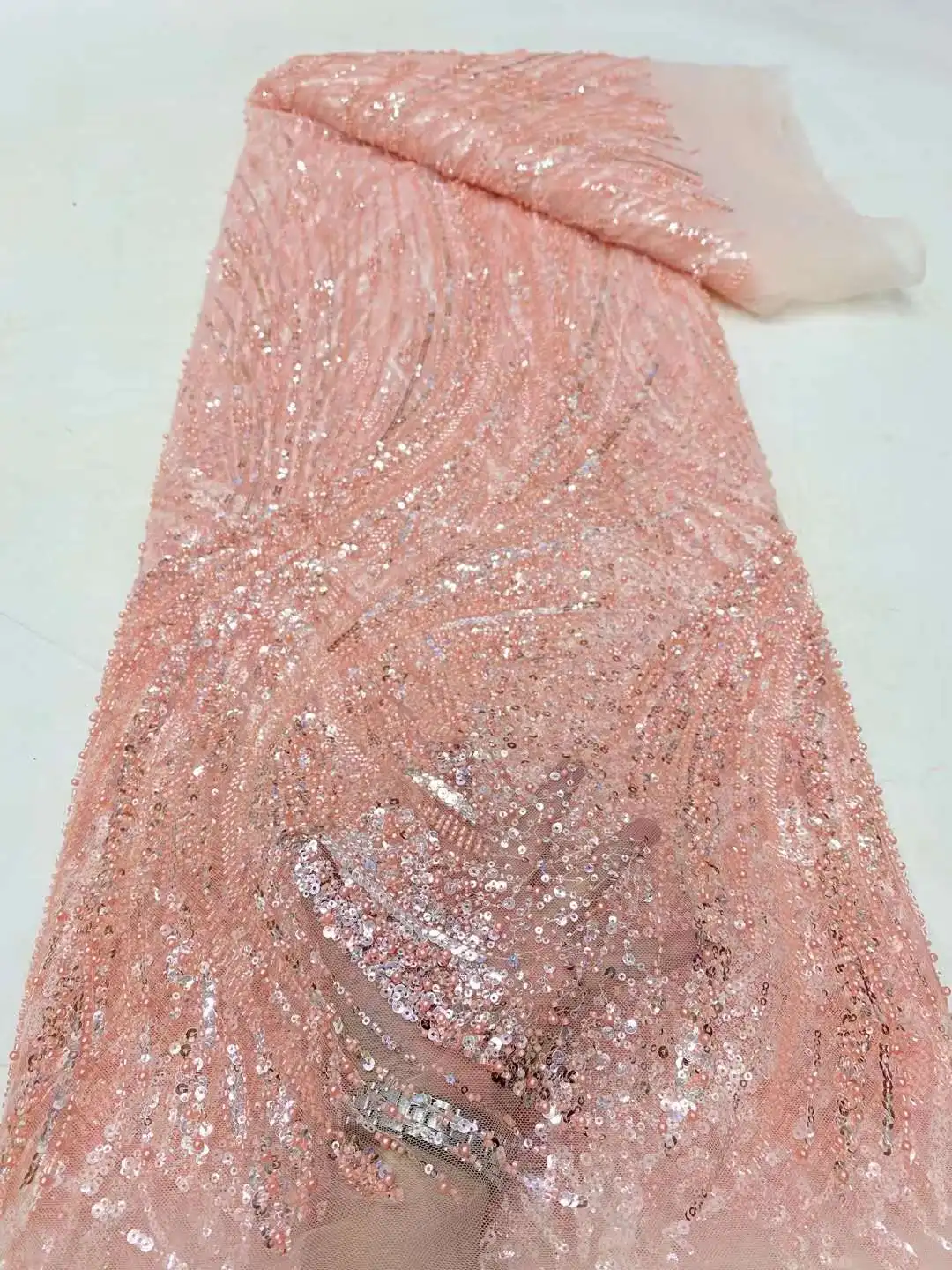 Tessuto di perline di fascia alta di lusso da 5 yarde tessuto da ricamo con paillettes pesanti tessuto di pizzo a rete di Tulle francese di moda per il matrimonio