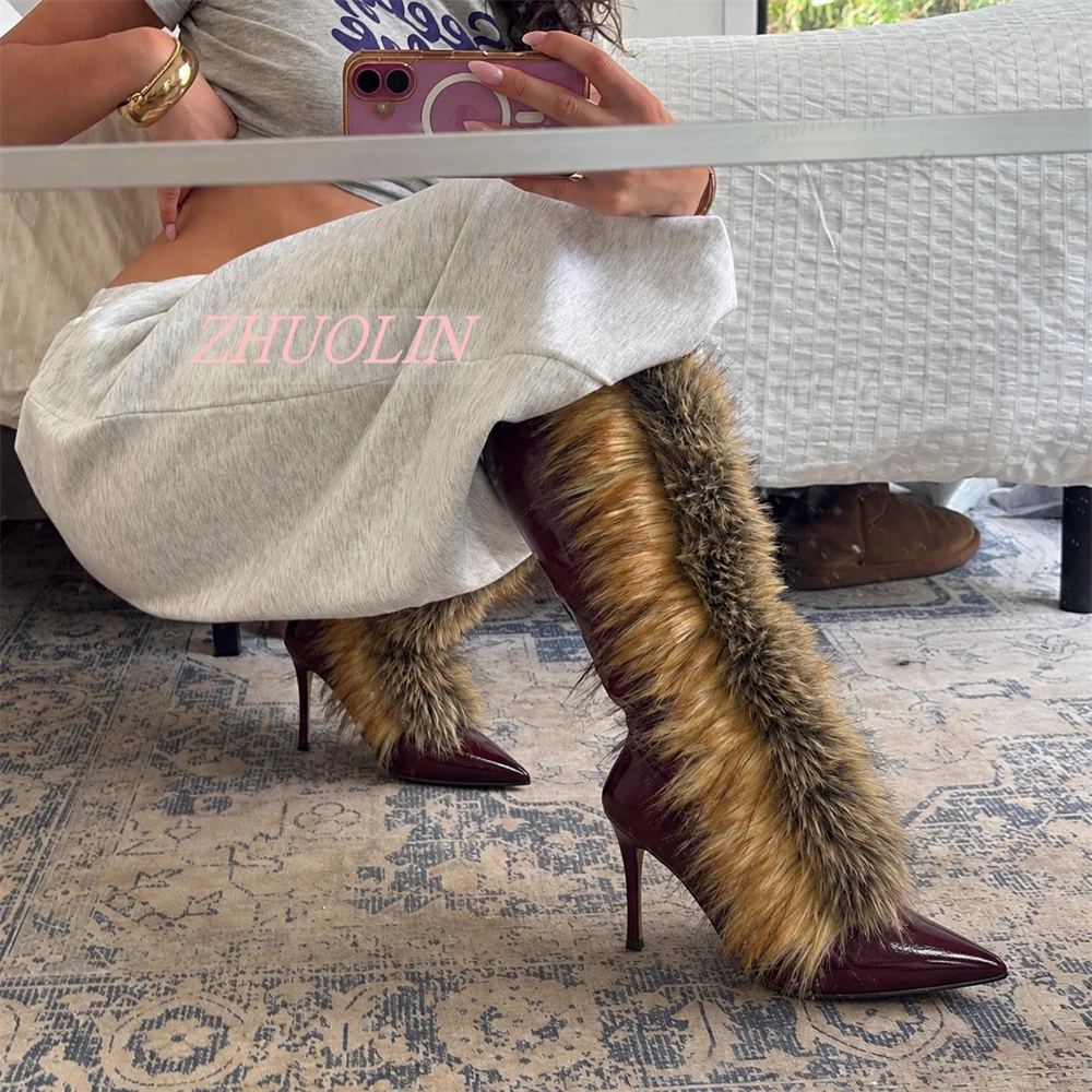 Burgundy Furry Knee High Boots for Women Pointed Toe Stiletto Heels Side Zipper Glossy Finish Chain Detail Winter Party Shoes 46