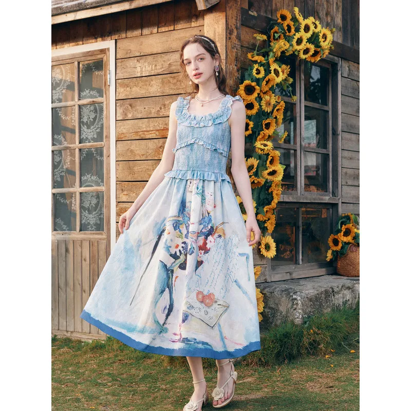 

Summer Denim-Style Skirt with Ruffle Accent, Adjustable Strap Dress, Two-Way Wear