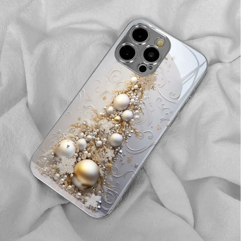 White Gold Pearl Christmas Tree Glossy Phone Case for iPhone 18 17promax /16/15/14/13/12ProMax/11/11Pro Anti-drop protection