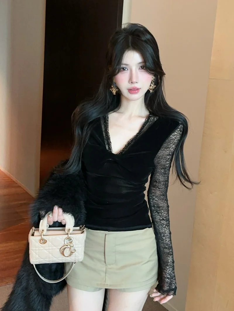 Handmade Rhinestone Lace Patchwork Velvet Base irt Women's Faionable Top V-ne Autumn New Sle Sexy Sle Long Sve