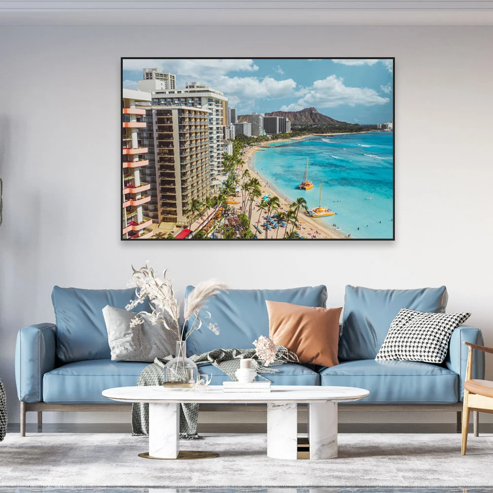 Modern Home Decor Landscape Poster Tropical Blue Sea Beach Prints Waikiki Sands Hawaii Beach Canvas Painting Hot Surf Pictures