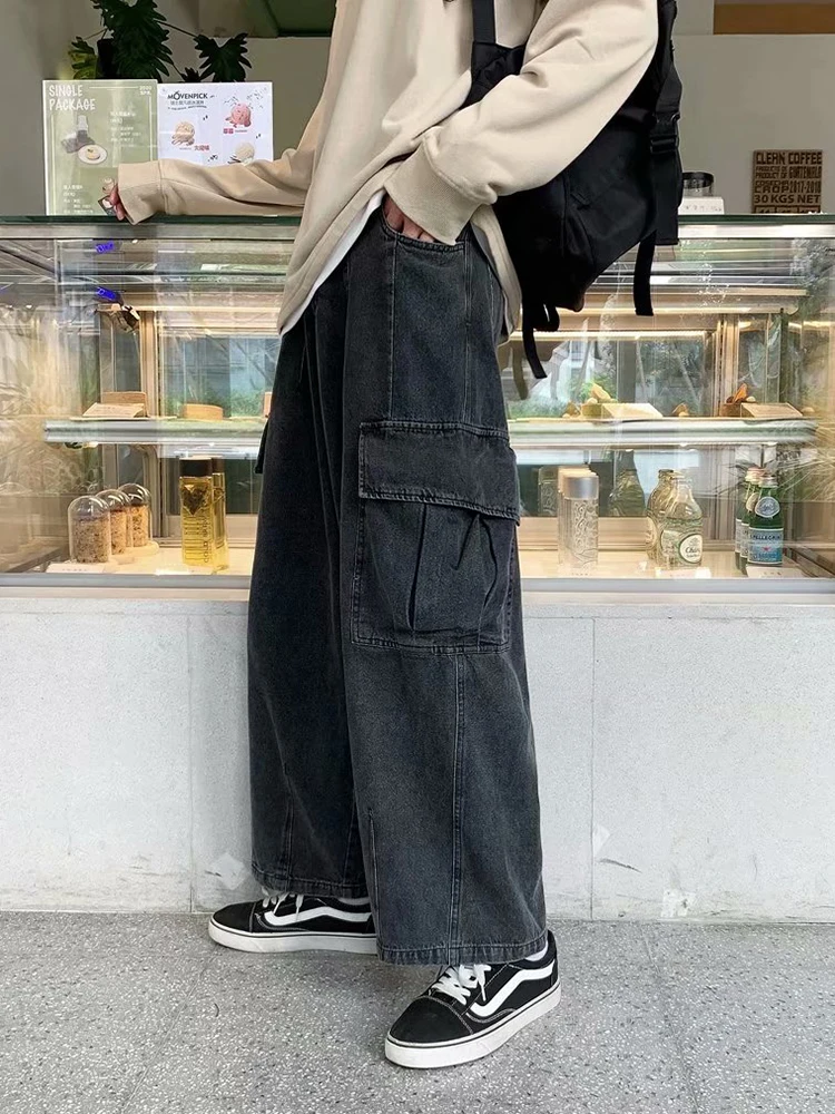 Baggy Jeans Men's Oversize Streetwear Fashion Wide Leg Cargo Pants Hip Hop Harajuku Multi-Pocket Denim Trousers Black Blue