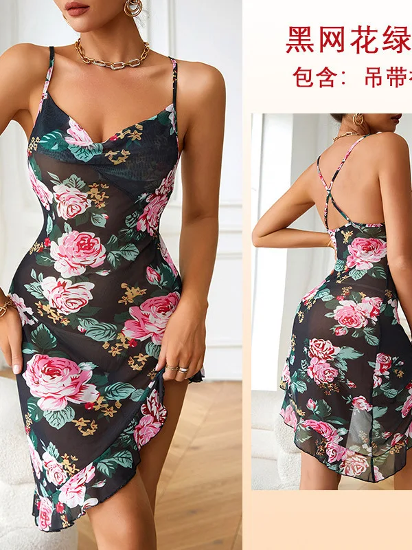 Black Flower Tank Mini Dress Lace Transparent New Mesh Floral Print Pile Collar Strapless Irregular Ruffle Dress Elegant  ZWG7