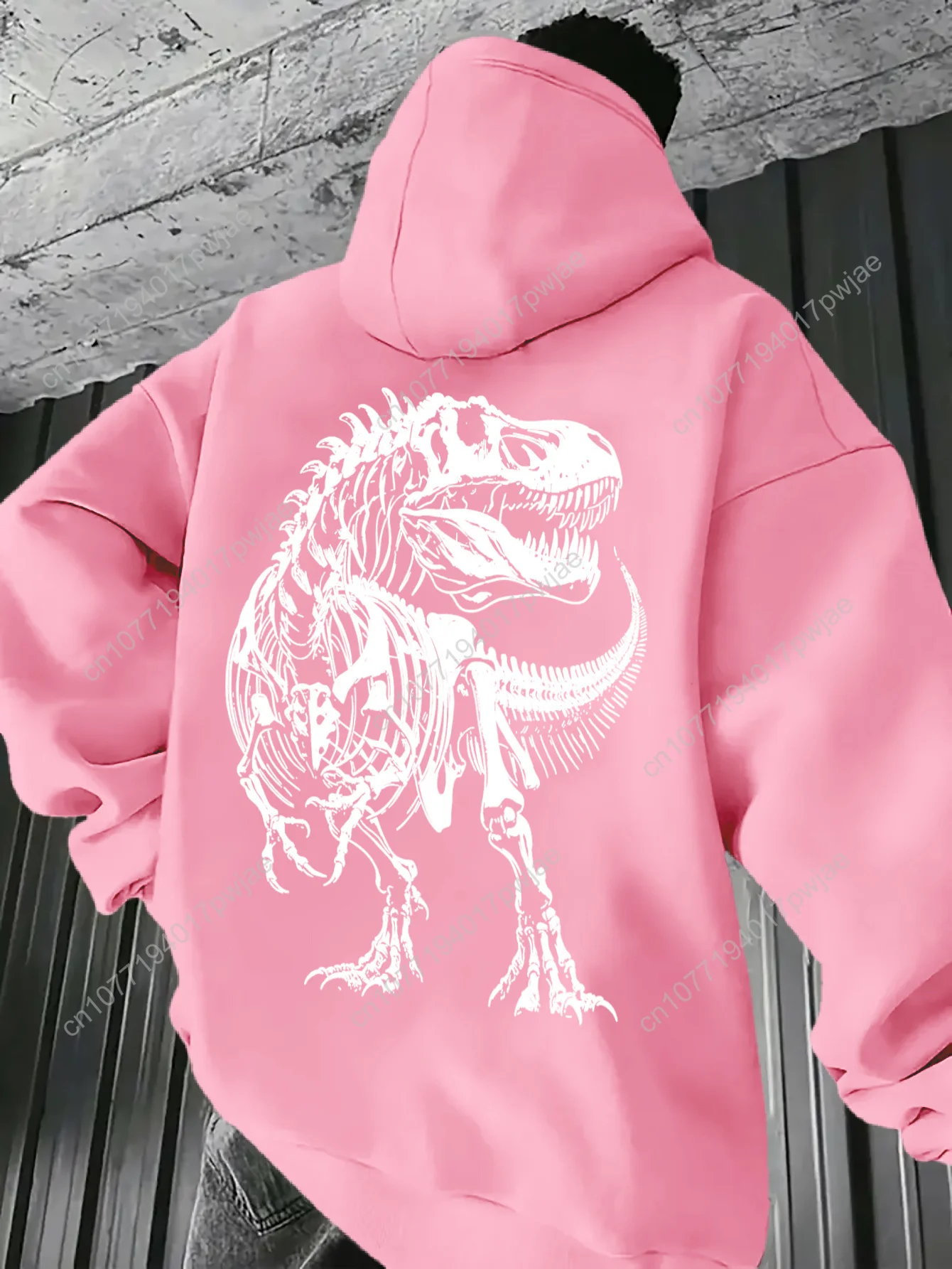 Felpa con cappuccio da uomo con stampa sul retro di dinosauro rosa - Pullover grafico Neon T-Rex, Comfort casual per tutte le stagioni, Lavabile in lavatrice, Dra