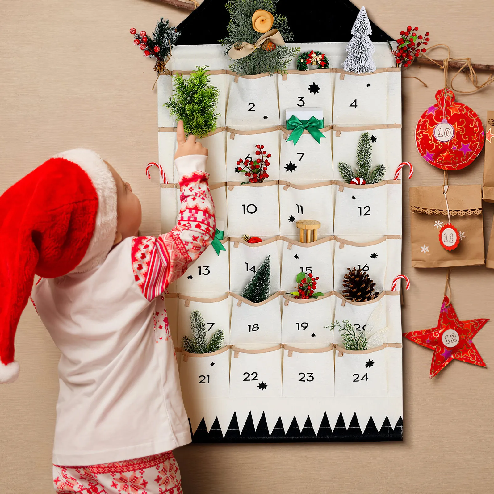 

Wall Hanging Storage Bag Multi-Pockets Cotton Organizer For Door Wall Mount Christmas Calendar Pouch Sundries Keeper Home