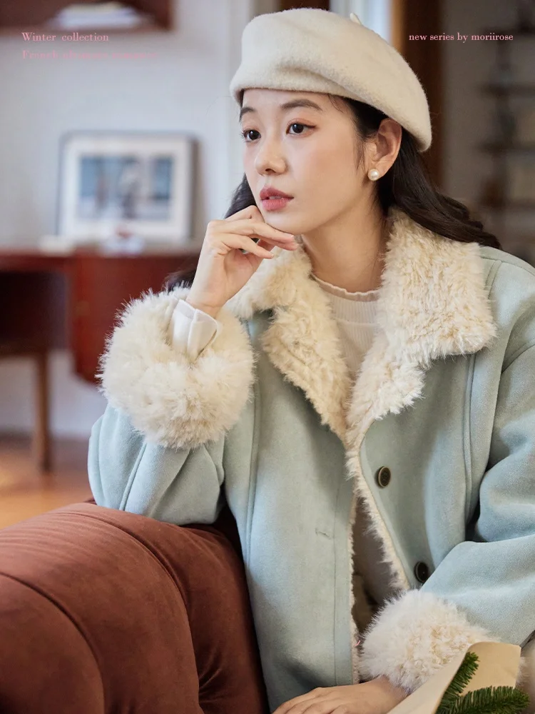 

Женская зимняя винтажная куртка Moriirose Blue Collar оверсайз из кожи и меха, прямого кроя, длинная