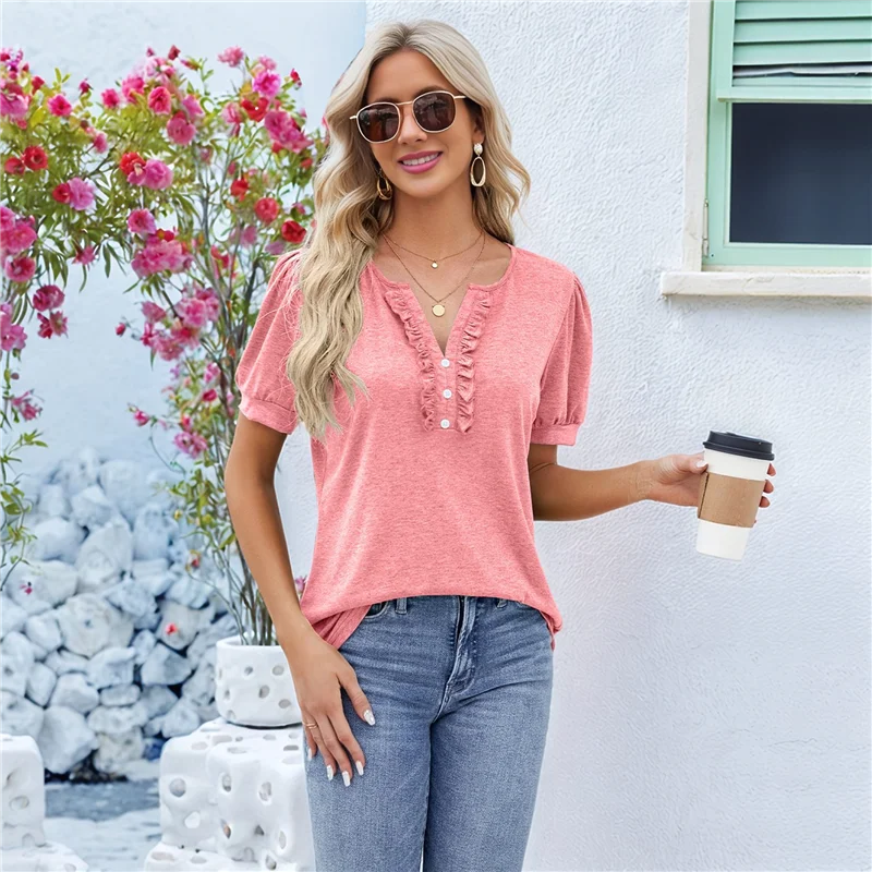 

【SEE】Women's Tunic Tops Casual V Neck Short Sleeve T Shirts Summer Puff Sleeve Ruffle Blouses