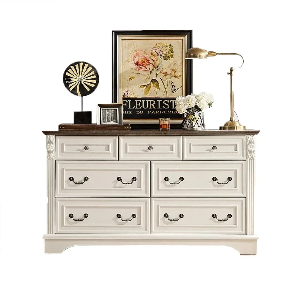 7 Drawer Dresser, Bedroom Farmhouse Dresser, Wide Wooden Rustic Chest of Drawers with Carved Pilasters, Antique White