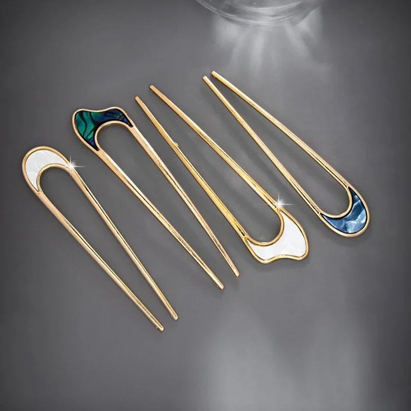 

2PCS/set Fashion Luxury Silver Gold Color Elegant Shell Enamel Hairpin for Women Metal U Shape Hair Stick Hairwear Accessories