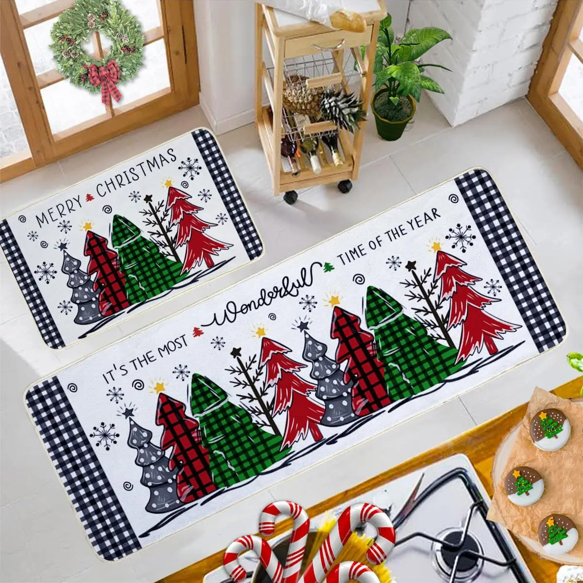VIKAMA 2-teiliger Weihnachtsbaum-Schneeflocken-Küchenteppich, roter und schwarzer Büffel, kariert, für Wohnzimmer, Schlafzimmer, Bodenmatte, Heimdekoration