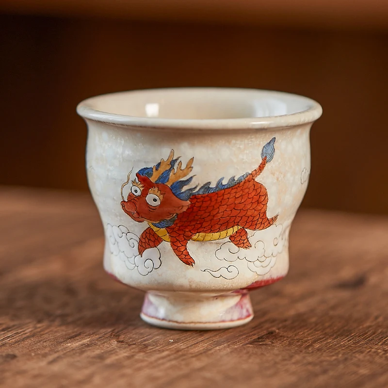 Tea Cup Hand-Painted Animal Gradient Color Dragon Ceramic Imitation Firewood Vintage Large Capacity Neo Chinese Style Ornaments