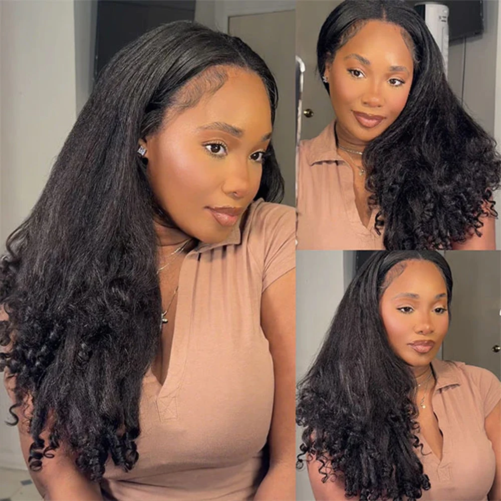 Kinky Straight Burmese Curly Half Wig Human Hair Glueless Wig 3 IN 1 Half Wig Clip Drawstring Kinky Straight Glueless Half Wig