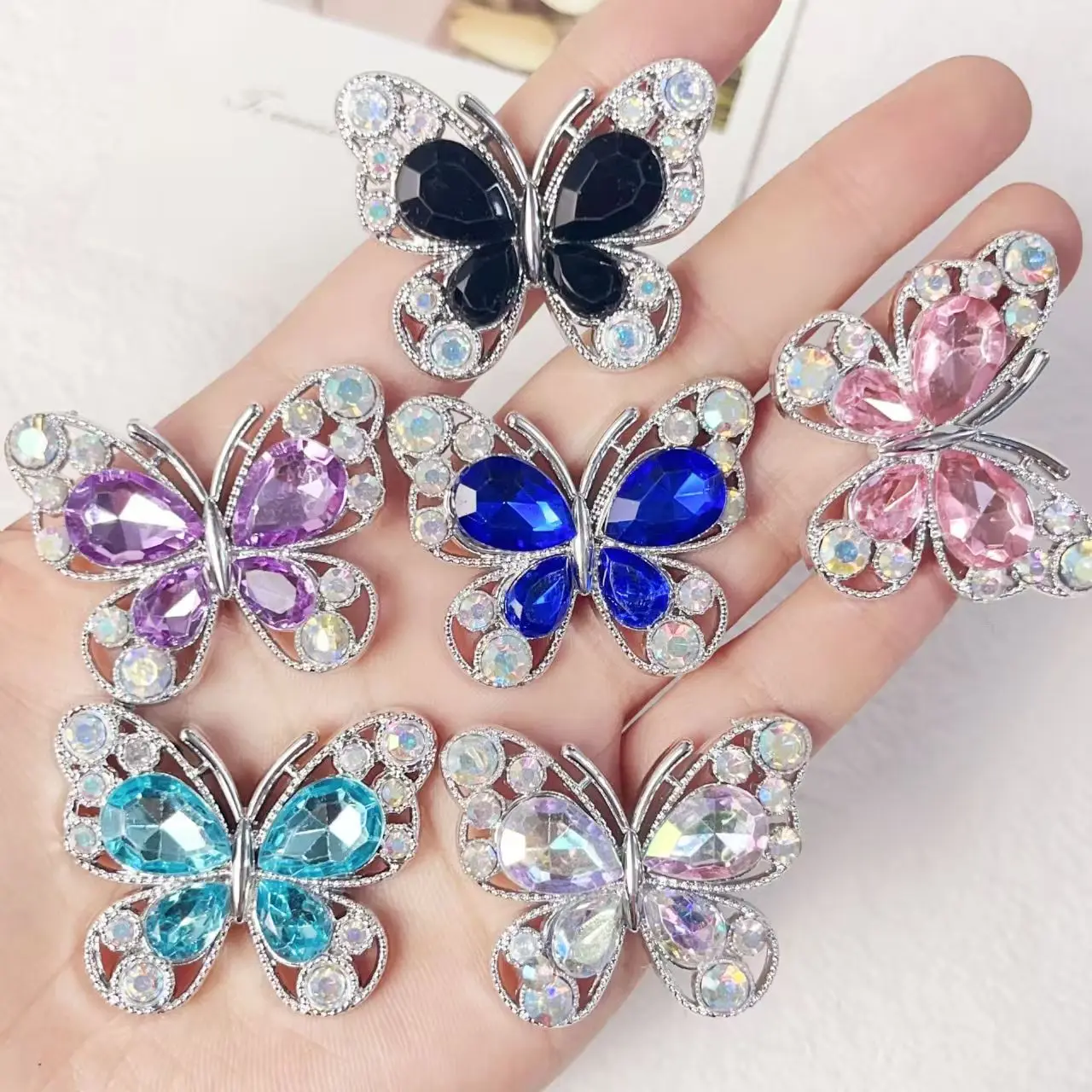 Cross Border New 5pcs/Lot Silver Flat Bottom Butterfly Inlaid with Diamonds, Water Droplet Glass Jewelry, DIY Phone Case, Shoe B