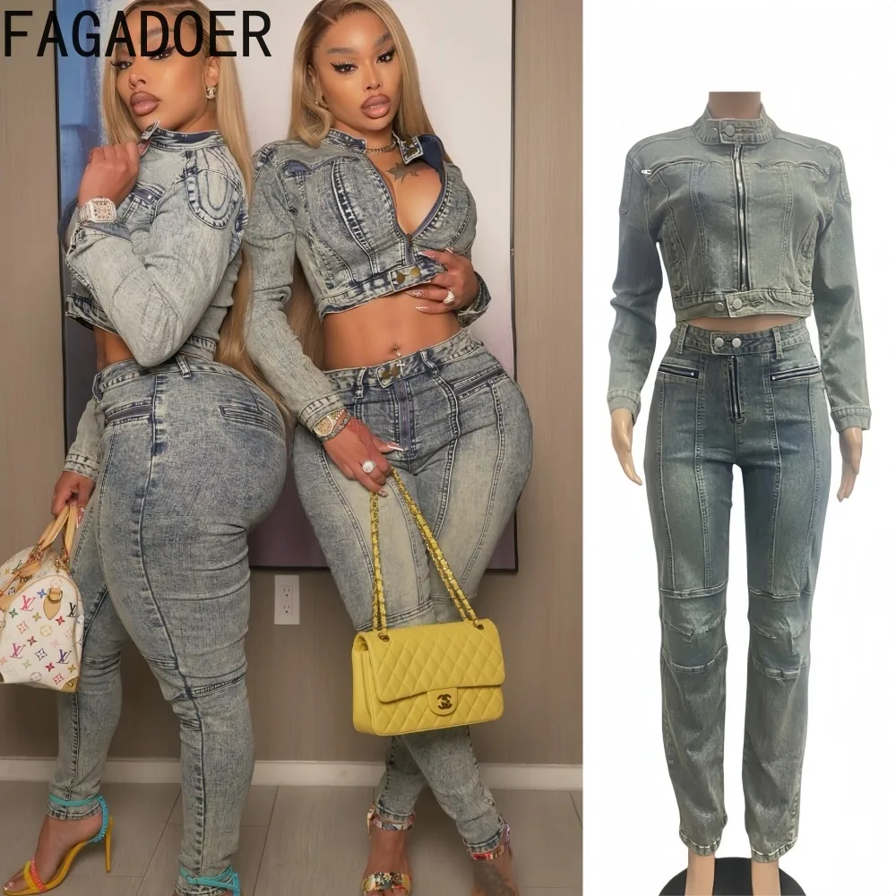

FAGADOER Fashion Denim 2 Pieces Set for Woman Outfits Solid Color Zip Long Sleeve Crop Jacket + Jeans Matching Female Streetwear