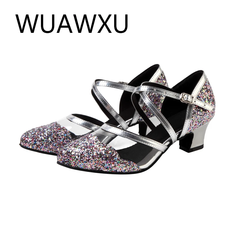 WUAWXU zapatos de baile latino para mujer, zapatos de baile estándar nacional, zapatos de baile cuadrados para fiesta, tela flash en blanco y negro,