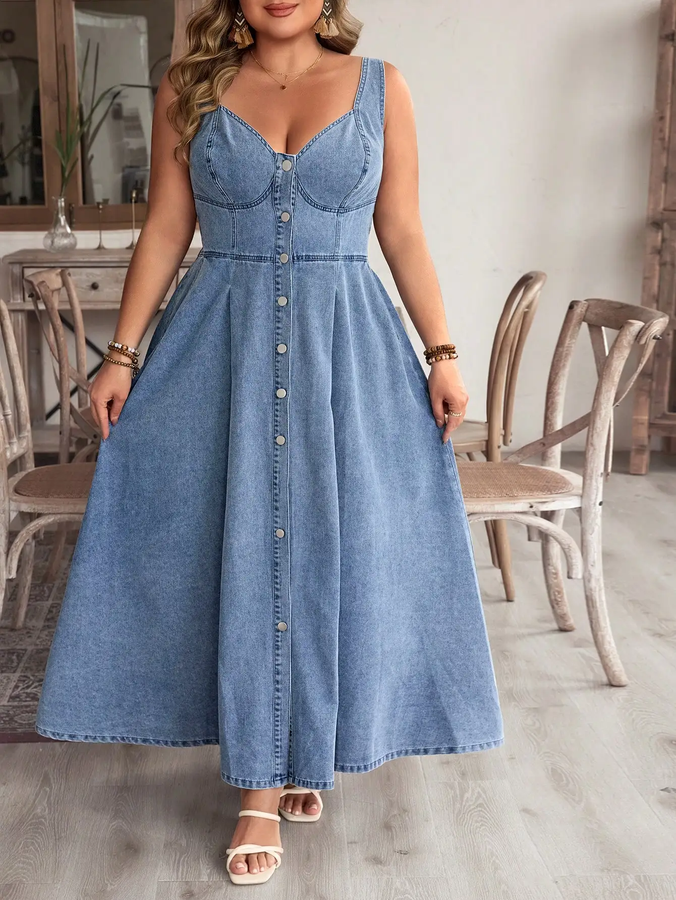 

Plus Size Denim A-Line Front Button Sleeveless Midi Dress