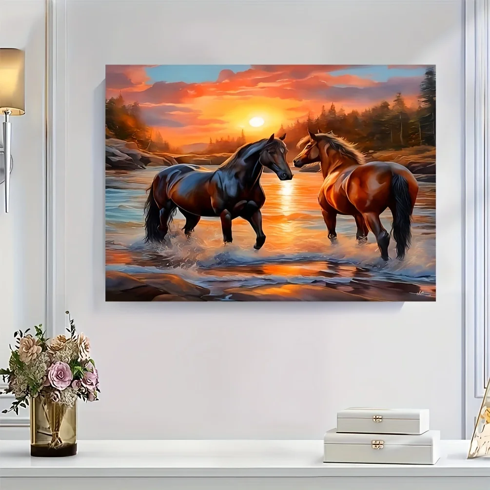 

1000pcs Jigsaw Puzzle - Two Horses by River at Sunset with Orange & Pink Sky, Large 50.04x69.85 cm Puzzle for Adults & Teens,