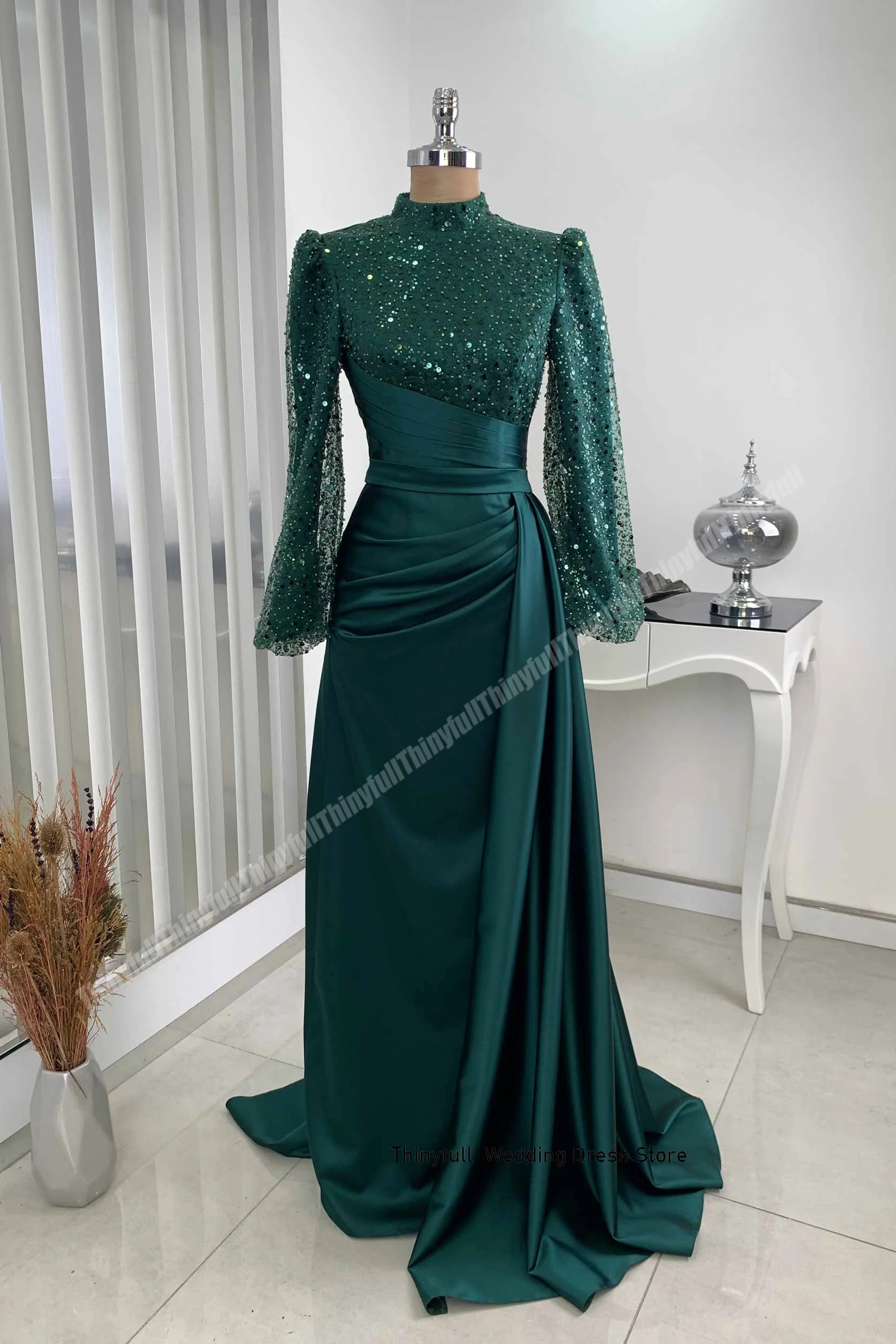 Thinyfull Muslim Mermaid Prom Dresses High-neck Long Sleeves Engagement Gown Satin/Sequin Formal Occasion Dress Customized