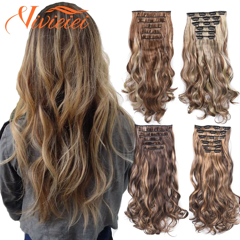 VIVIEIEI Synthetic Clip In Hair Extensions 6 Pcs Long Wavy Natural Black Hair Extension 20 Inch 16 Clips Hairpieces for Women