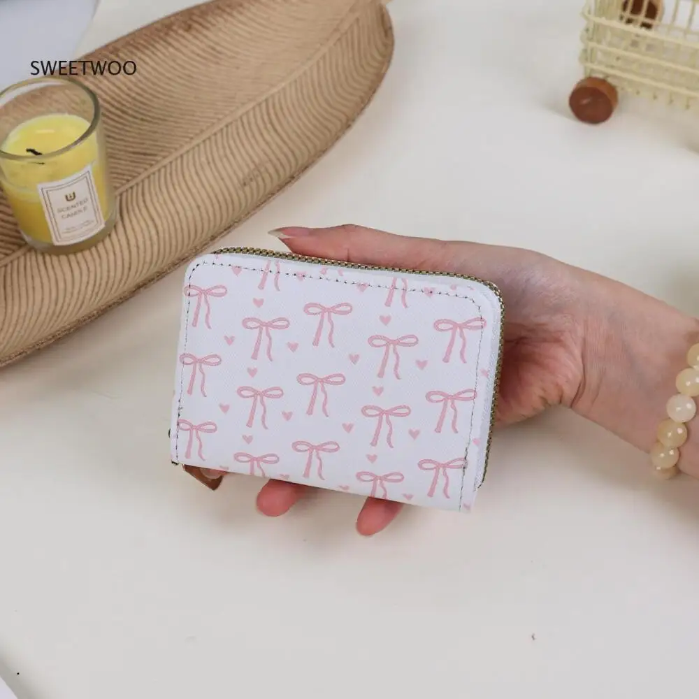 Pink & White Ribbon Pattern Card Organizer, Compact Coin Purse