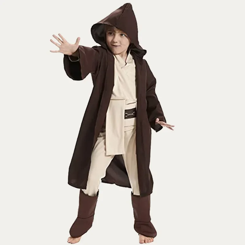 Jungen Jedi Ritter Cosplay Kostüm Kinder braun Umhang weiß Top Hose Halloween Cosplay Kapuze Cape klassische Jedi Robe Outfit